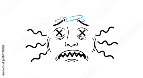 Comic style face expression with x-shaped eyes, a zigzag mouth, and dizzy swirls depicts sickness, fainting, or being overwhelmed.