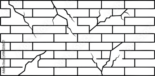 Cracked brick wall with broken mortar lines fracture