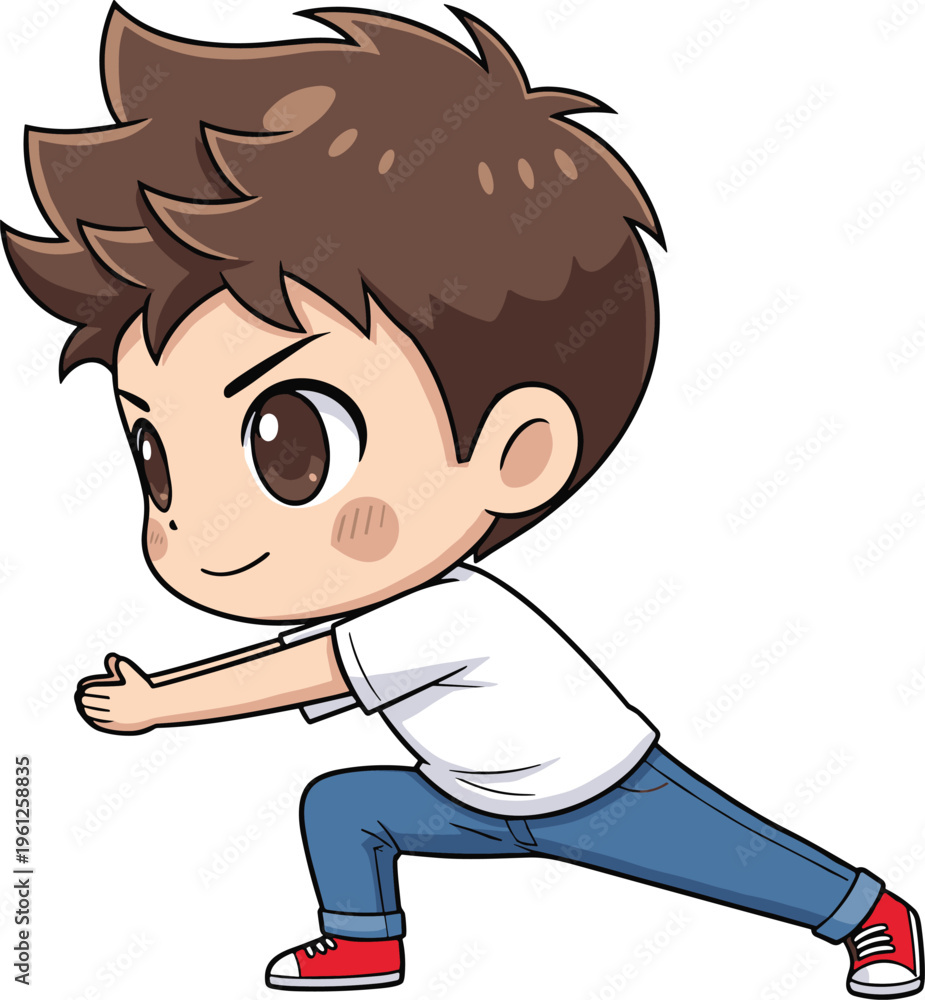 Fototapeta premium Cute cartoon vector illustration of a young boy with brown hair in a white shirt and jeans performing a martial arts energy pose