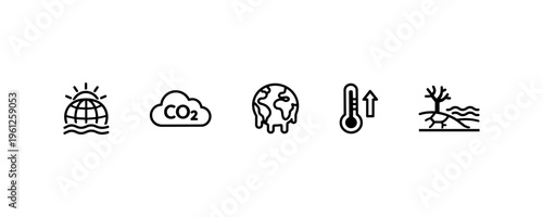 Global warming icons depict climate change and environmental impact.