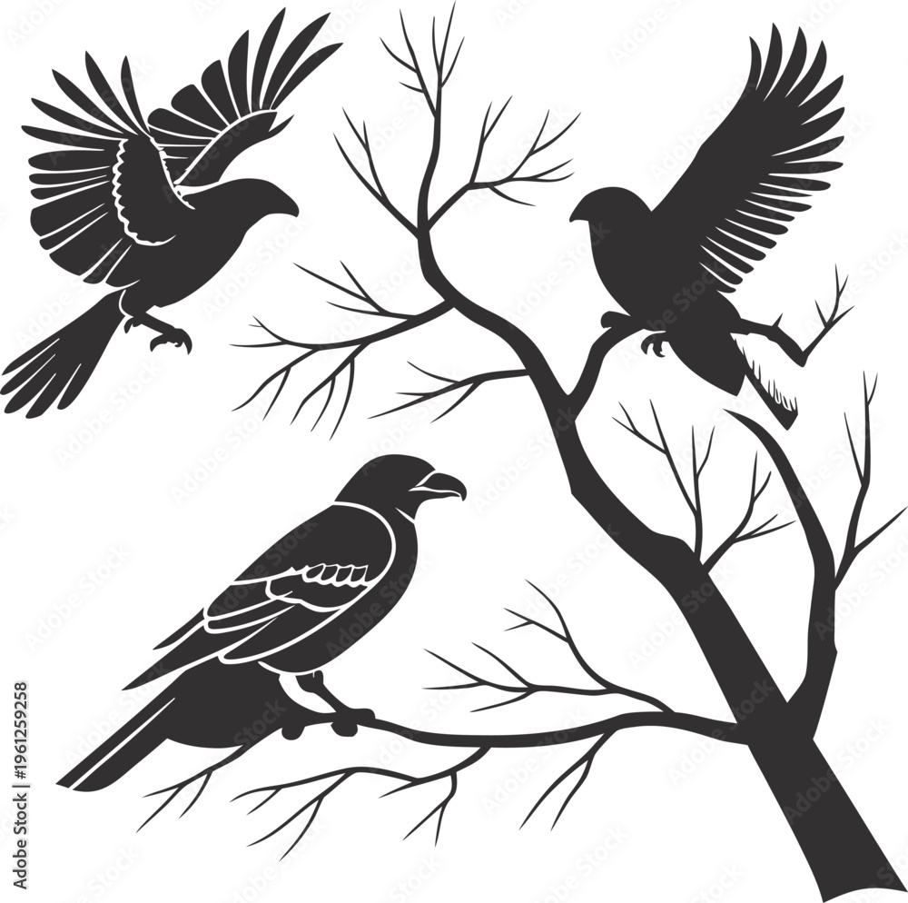 Fototapeta premium Three black silhouettes of birds on a bare tree branch