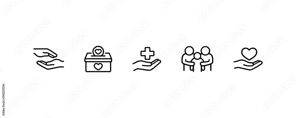 Fototapeta premium Charity giving icons: donation box, healthcare, family support, love.