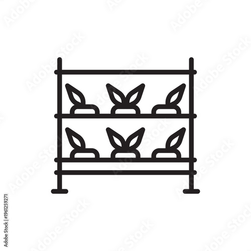 Vertical farming rack icon. Indoor agriculture tech, representing tiered crop hardware, hydroponic growth tools, urban farming systems, controlled environment gear, and sustainable food production.