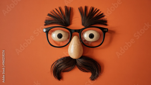 A creative face made of objects including glasses and a mustache on an orange background