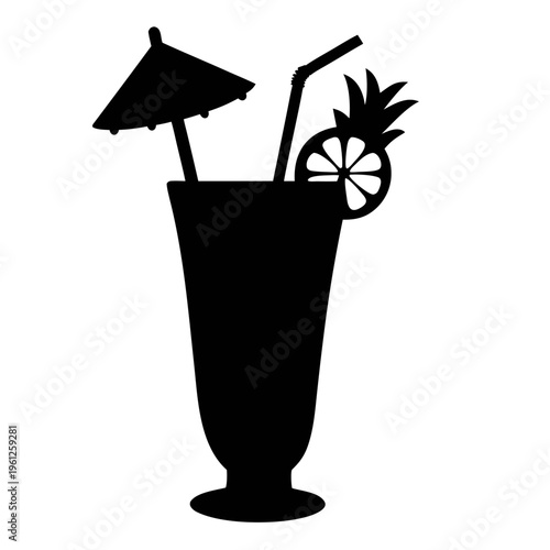 Tropical drink vector art silhouette: summer cocktail with umbrella and pineapple garnish design