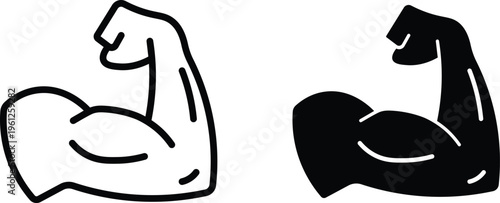Strong bicep muscle icons in outline and silhouette styles, powerful arm flex vector set, fitness and bodybuilding strength symbols
