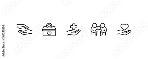 Charity giving icons: donation box, healthcare, family support, love.