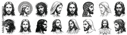 Set of sixteen unique black and white vector sketch portraits of Jesus Christ in various poses with crown of thorns and halos isolated on white for religious graphic design