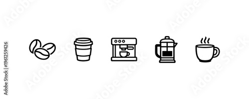 Coffee icons: beans, to-go cup, espresso machine, french press, mug.