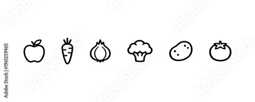 Outline icons of apple, carrot, onion, broccoli, potato, and tomato.