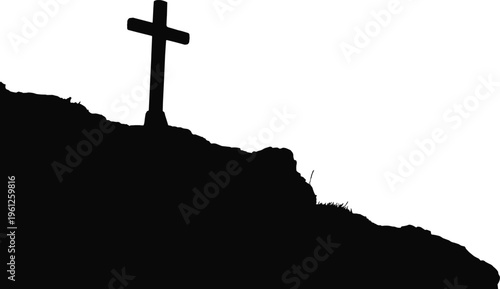 Black vector silhouette of cross on hill, minimal religious symbol design representing faith and spirituality