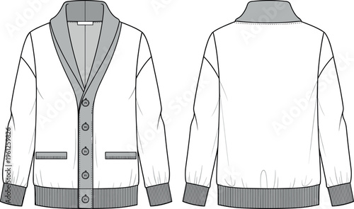 Men Shawl Collar Cardigan Sweater Technical Fashion Flat Sketch Vector Illustration with Button Closure Pockets and Ribbed Trim Details CAD