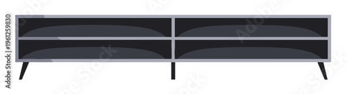 Sleek modern minimalist long low media console TV stand unit with mid-century Scandinavian style four dark grey storage compartments and tapered legs for living room home decor isolated on white