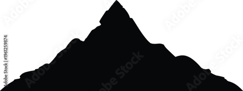 Black vector silhouette of mountain range with peaks and ridges, minimal nature landscape design illustration