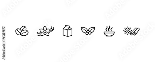 Minimalist coffee icons: beans, vanilla, milk carton, berries, steaming cup with cinnamon.