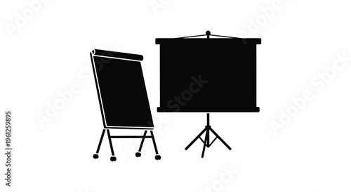 Two presentation boards stand against a white background a stark silhouette