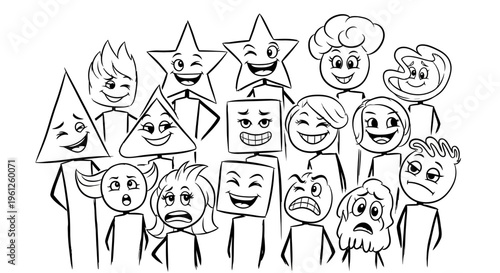 Group of Diverse Cartoon Stick Figures with Mixed Happy and Sad Emotions in Bright Studio