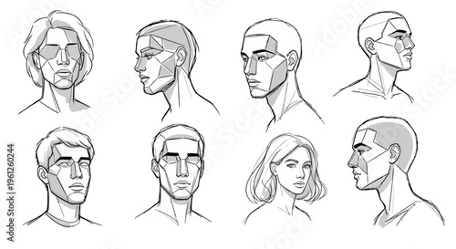 Human head drawing tutorial sketches for male and female faces with construction lines, on an isolated white background.