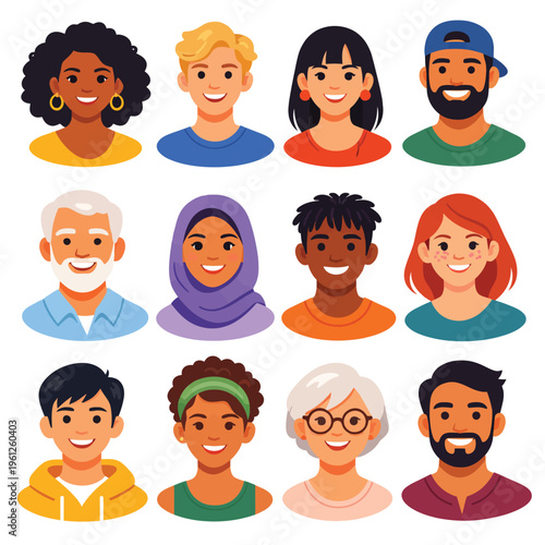 Modern flat style avatar collection with diverse human faces, colourful abstract portraits of smiling characters for user profile icons isolated on white