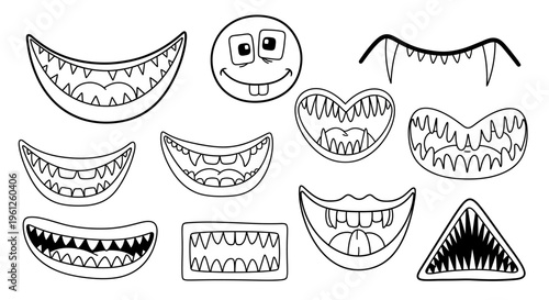 Set of various cartoon monster mouths with sharp teeth and funny expressions on an isolated white background.