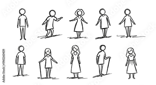 Various doodle stick figures of men, women, and children standing in different poses on an isolated white background.