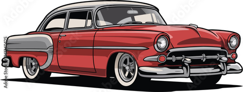 A vibrant red classic 1950s american automobile illustration with chrome accents