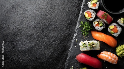 Assorted sushi rolls arranged on a dark textured surface with chopsticks