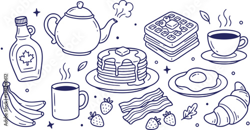 Breakfast Food Hand Drawn Doodle Set – Pancakes, Tea, Eggs, Coffee Line Art Illustration