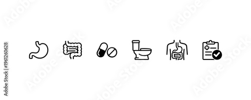 Digestive health icons: stomach, intestines, medication, toilet, medical checklist.