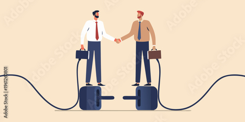 Two businessmen shaking hands while balancing on precarious platforms