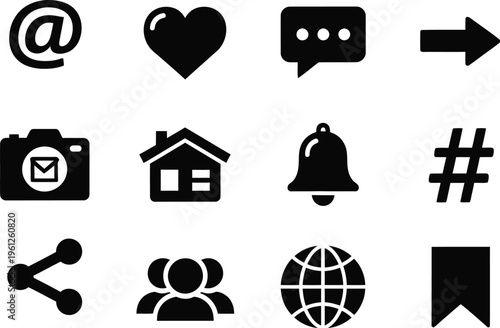 Collection of 12 black social media and communication icons on a white background