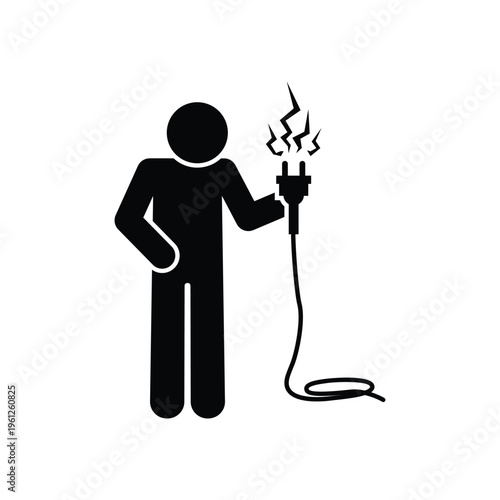 Minimal black stick figure holding a sparking electric plug, symbolizing electrocution risk, electrical hazard and safety warning. Isolated vector icon.