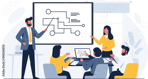 Business team discussing workflow diagram in modern office with bright corporate lighting for presentation