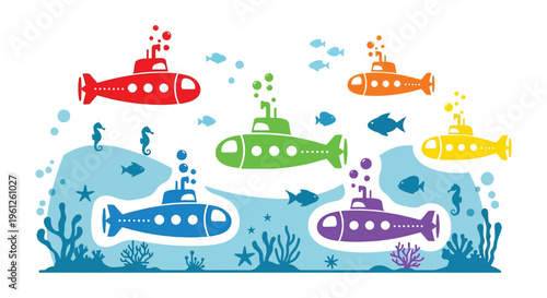 Colorful submarines and marine life in a playful underwater scene silhouette