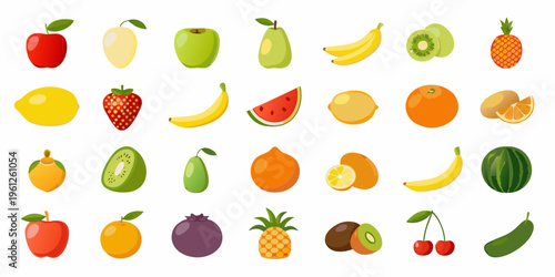 Colorful assortment of various fruits displayed on a white background