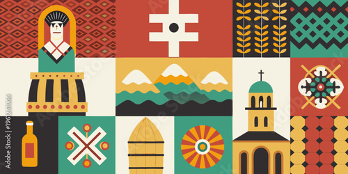 A colorful grid of stylized georgian cultural symbols and architectural elements