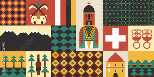 A colorful patchwork of stylized cultural symbols and geometric patterns