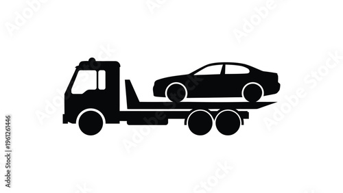 tow truck carrying car silhouette flat vector illustration vehicle recovery transport service side view isolated on white background