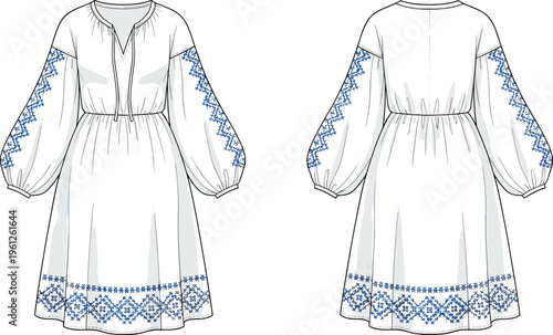 Bohemian embroidered midi dress vector front and back view long sleeve folk fashion illustration design