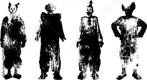 silhouettes of four eerie clowns in varied poses with grunge texture and dark shading