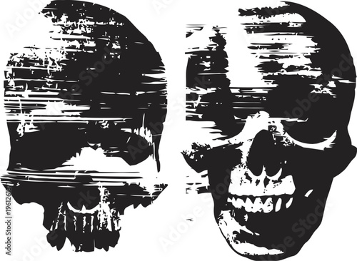 Distressed grunge skull illustrations with horizontal glitch effect, dark horror design elements