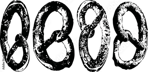 grunge black and white pretzel silhouettes set vintage bakery snack shapes for design and decoration