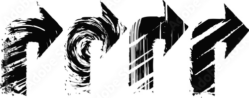 Four grunge directional arrows with artistic brush strokes on white background