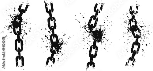 Four broken black chains isolated on white background with splattered particles