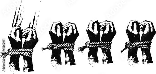 hands tied with rope in different stages of struggle and restraint silhouette illustration