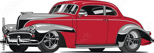 A classic red and silver vintage car with a rounded design