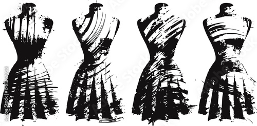 Grunge black and white vintage dress mannequin silhouettes in retro set