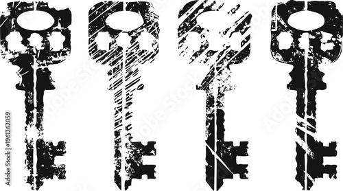 Vintage distressed skeleton keys set with grunge texture isolated on white background