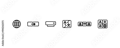 Language translation icons: global communication and multilingual interface symbols.