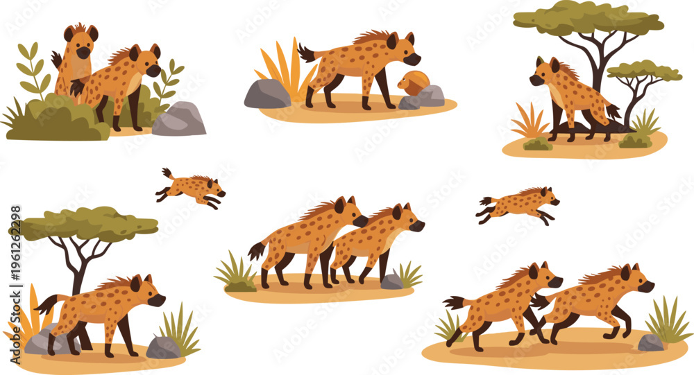 Obraz premium Spotted Hyena Wildlife Illustration Set Showing African Animals in Natural Savannah Habitat with Running, Standing, and Group Behavior Scenes in Vector Style.